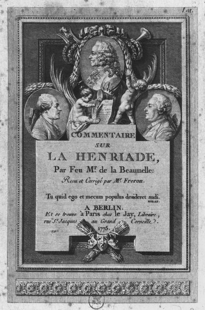 1775年にベルリンとパリで出版された、フレロンによって改訂および更新された、ヴォルテールによる「ラアンリエード」のデラボーメルによる解説の口絵 作： Augustin de Saint Aubin
