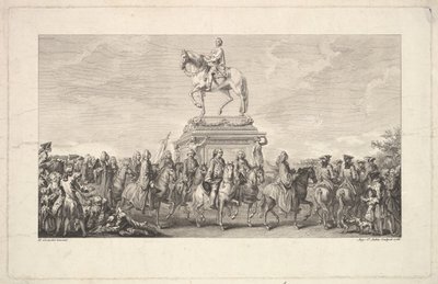 Description des Trava ...、1766年に掲載された、ルイ15世の像、ビネット、1ページ目の就任式。 作： Augustin de Saint Aubin