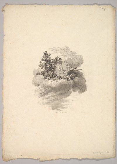 左にバラ、下と右にハトがある雲の上のコインのビネット...、1778-80。 作： Augustin de Saint Aubin