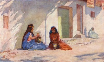 ヘナウォッシュを作るビスクラ、ウーリッドネイルの女性たち（カラーリトグラフ） 作： Augustine Fitzgerald