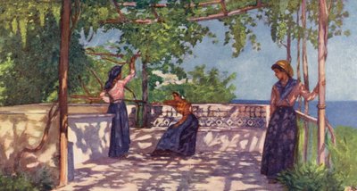 ブドウの木の下の農民たち、カサミッチョーラ、イスキア島（カラーリトグラフ） 作： Augustine Fitzgerald