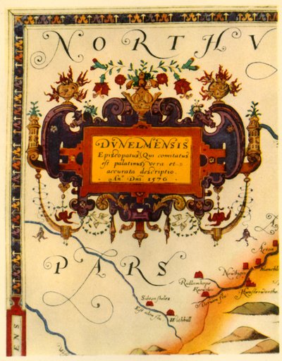 「ザクストンのダラム地図に掲載された A. Ryther のカルトゥーシュ、1576 年」、1944 年。 作： Augustine Ryther