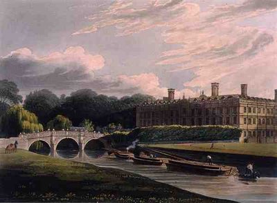 ケンブリッジ、クレア・ホールの外観、J. Bluck (fl.1791-1831)の彫刻による「The History of Cambridge」より、R. Ackermannが出版。 作： Augustus Charles (after) Pugin