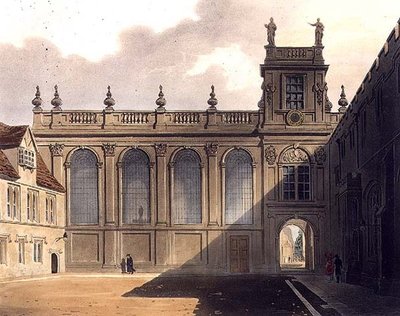 トリニティ・カレッジ・チャペルの外観、J. Bluck (fl.1791-1831)によって彫られた「History of Oxford」の図版、R. Ackermannによって出版された。 作： Augustus Charles (after) Pugin