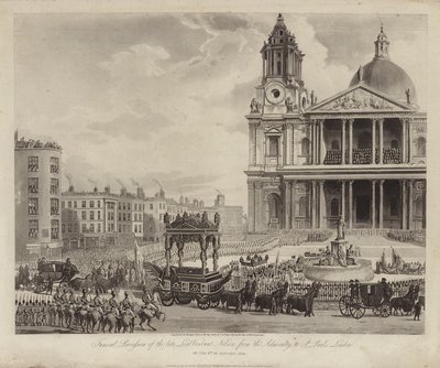1806年1月9日、シティ・オブ・ロンドンのアドミラルティからセント・ポール大聖堂までのネルソン卿の葬儀行列（エングレーヴィング 作： Augustus Charles (after) Pugin
