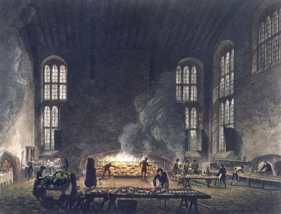 クライスト・チャーチのキッチンの内部、F.C.ルイス(1779-1856)が彫った「オックスフォードの歴史」の挿絵、R.アッカーマンが出版した。 作： Augustus Charles (after) Pugin