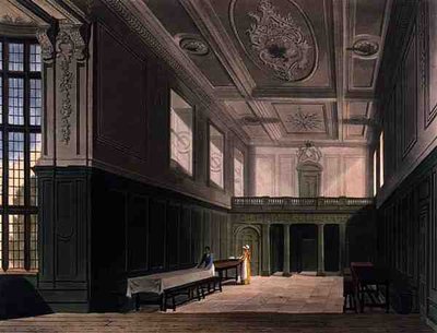 ケンブリッジ大学シドニー・カレッジのホール（Daniel Havell (1785-1826)作「The History of Cambridge」より）、R. Ackermann出版 作： Augustus Charles (after) Pugin