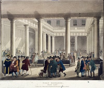 トウモロコシ取引所、ロンドン、1808 作： Augustus Charles Pugin, Thomas Rowlandson