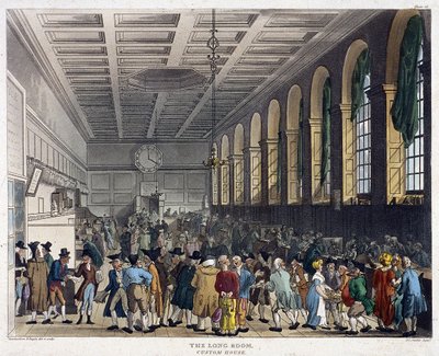 カスタム ハウスの内部、ロンドン、1808 年 作： Augustus Charles Pugin, Thomas Rowlandson