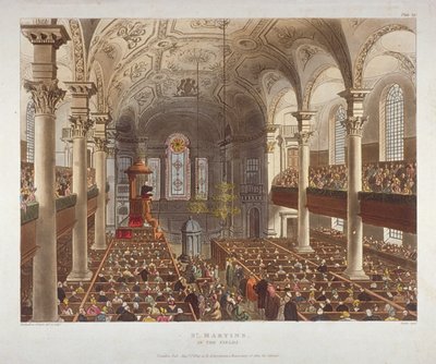 セント マーティン イン ザ フィールズ教会の内部、ウェストミンスター、ロンドン、1809 年 作： Augustus Charles Pugin, Thomas Rowlandson