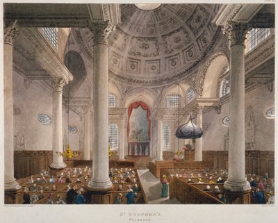サービス中の聖スティーブン・ウォルブルック教会の内部、ロンドン市、1809年 作： Augustus Charles Pugin, Thomas Rowlandson