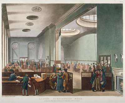 ロンドン市王立証券取引所のロイズ サブスクリプション ルームの内部図、1809 年 作： Augustus Charles Pugin, Thomas Rowlandson