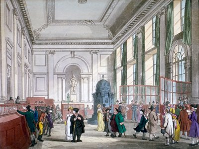 ロンドン市のイングランド銀行の大ホール、1809年、顧客と。 と従業員 作： Augustus Charles Pugin, Thomas Rowlandson
