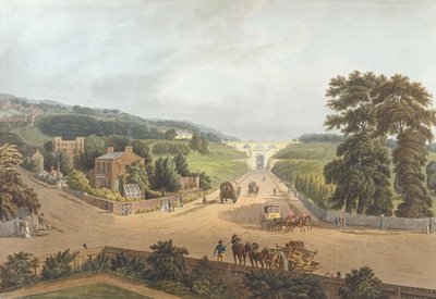 ジョンヒル（1770-1850）によって刻まれた1821年のハイゲートアーチウェイの眺め（アクアチント） 作： Augustus Charles Pugin