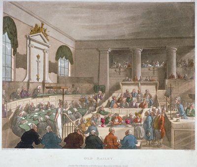 セッションハウスの内部ビュー、オールドベイリー、セッション中の裁判所、ロンドン市、1809 作： Augustus Charles Pugin