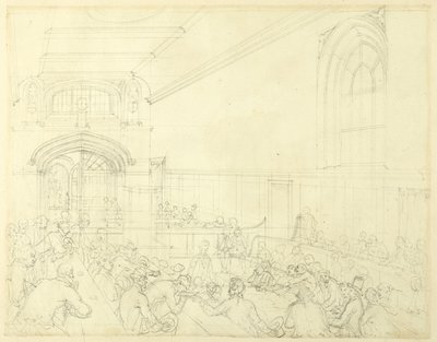 ギルドホールのための研究、債権者の前での破産の審査、ロンドンの小宇宙から 作： Augustus Charles Pugin