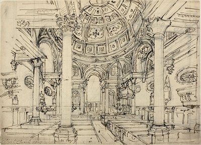 Walbrook Church (直訳) のための研究; ヨット、男性、ディンギーのスケッチ (裏面) 作： Augustus Charles Pugin