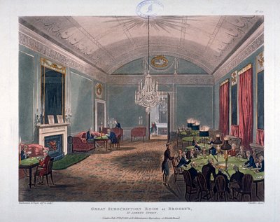 グレート サブスクリプション ルーム、ブルックス クラブのインテリア、セント ジェームズ ストリート、ロンドン、1808 年。 作： Augustus Charles Pugin