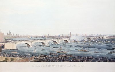 1817年6月18日のウォータールーブリッジの開口部、A。ピュージンによってW.フィンドレーターの絵からエッチングされ、R。ハヴェルウントソンによって彫刻された、1818年（カラー彫刻） 作： Augustus Charles Pugin