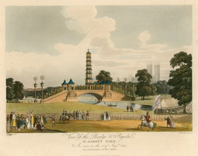 1814年8月1日に見られた橋と塔、セントジェームズパーク、ロンドンのビュー 作： Augustus Charles Pugin