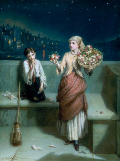 「ロンドン交差点の掃除人とフラワー ガール」、1884 年 作： Augustus E Mulready