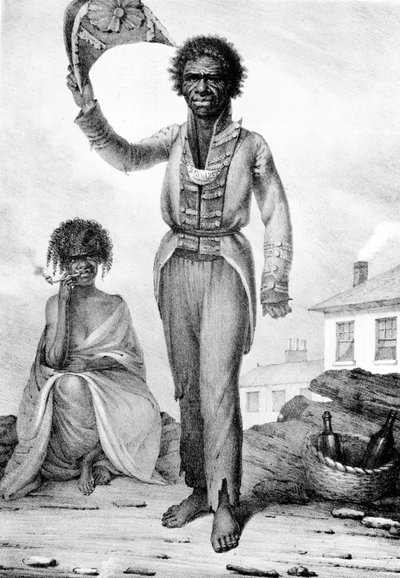 1830年にチャールズジョセフハルマンデルによって彫刻された、ニューサウスウェールズ州の先住民族の長であるバンガリー 作： Augustus Earle