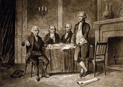 1775年大陸議会の指導者たち：ジョン・アダムズ、ロバート・モリス、アレクサンダー・ハミルトン、トーマス・ジェファーソン、オーガスタス・ソーリー作画（1894年） 作： オーガスタス・ソレイ