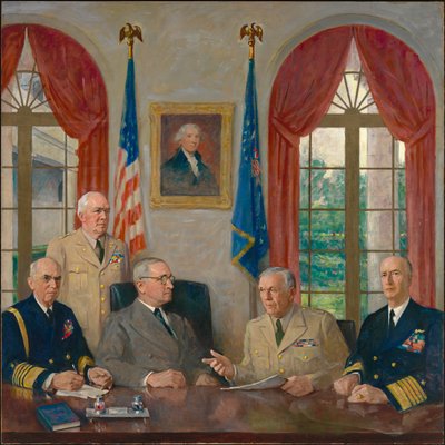トルーマンと彼の軍事顧問、1949 年。 作： Augustus Vincent Tack