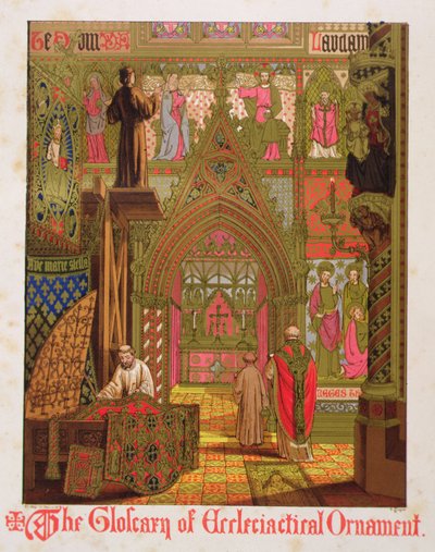 タペストリー、ハンギング、祭壇布、「The Glossary of Ecclesiastical Ornament and Costume」より、H.C. Maguireのリトグラフ。 作： Augustus Welby Northmore (after) Pugin