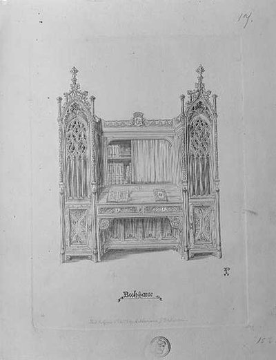 ゴシック様式の本棚のデザイン、1835年頃 作： Augustus Welby Northmore Pugin