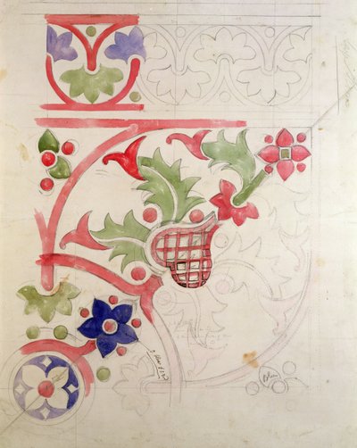 貴族院図書館のフローラルデザイン（紙に鉛筆とWC） 作： Augustus Welby Northmore Pugin