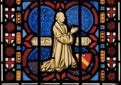 祈りでひざまずくピュージン、チャペルイーストウィンドウ、1844年頃（ステンドグラス） 作： Augustus Welby Northmore Pugin