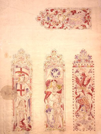 ウェストミンスター宮殿のステンドグラスの窓のデザイン（紙にペンとインク、水彩画） 作： Augustus Welby Northmore Pugin