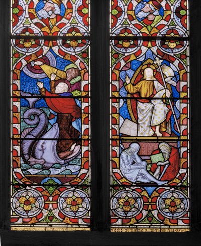 タイプとアンチタイプ：ジョナとクジラと復活したキリスト、詳細、1850（ステンドグラス） 作： Augustus Welby Northmore Pugin