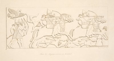 ニネベのモニュメントからの馬に乗ったアッシリアの戦士、パブ。 1849 作： Austen Henry Layard