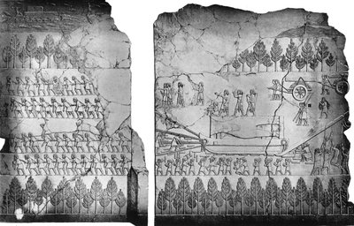 アッシリア人が翼のある雄牛を動かす、紀元前7世紀、紀元前1900〜1920年。 作： Austen Henry Layard