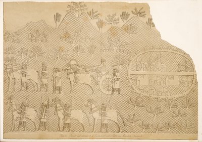 パブ、ニネベのモニュメントからの戦車とセナケリブと山の城（クユンジク）の係員。 1849 作： Austen Henry Layard