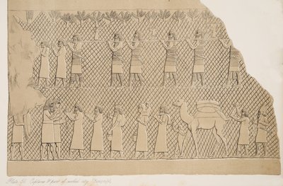 キャプティブズと城壁都市（コユンジク）の詳細、1858年のニネベのモニュメントのイラスト 作： Austen Henry Layard