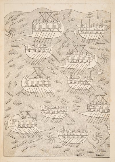 ニネベの記念碑、パブから船（コユンリク）に避難するアッシリア人の敵。 1849 作： Austen Henry Layard