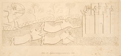 パブ、ニネベのモニュメントから、川を渡って城へ向かう逃亡者。 1849 作： オースティン・ヘンリー・ラヤード