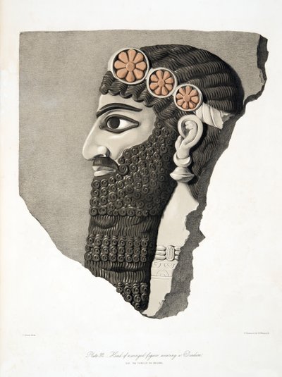 パブ、ニネベのモニュメントからダイアデムを着た翼のある人物の頭。 1849 作： Austen Henry Layard