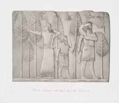 ガゼル、ウサギ、鳥を持った猟師（Khorsabad 作： Austen Henry Layard