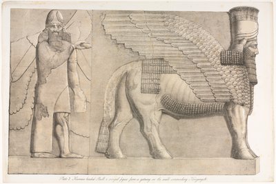 ニネバの記念碑：プレート3、人間の頭の雄牛と翼のある人物...、1853年。 作： Austen Henry Layard