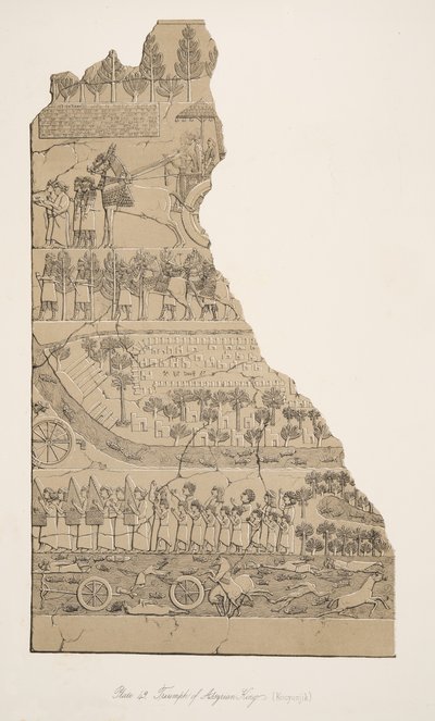 パブ、ニネベのモニュメントからのアッシリア王の勝利（コユンジク）。 1849 作： Austen Henry Layard