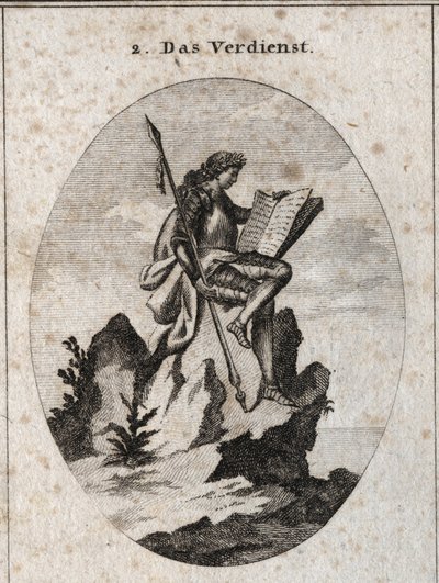 Allegorie du merite」は、険しい岩の上に武器とそれを象徴する書物を持った彼の作品と研究の成果を表しています。彫刻は「Iconologie oder Ideen aus dem Gebiete der Leidenschaften und Allegorien bildich dargestellt fur Zeichne」に掲載されています。 作： Austrian School