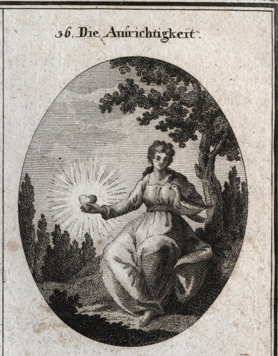 鳩を胸に抱き、輝く心を表現した真心のアレゴリー。Iconologie oder Ideen aus dem Gebiet der Leidenschaften and Allegorien bildich dargestellt for Zeichner, Mahler, Dichter, Gelehrte, Erzieher and freunde」に掲載されたエングレーヴィング。 作： Austrian School