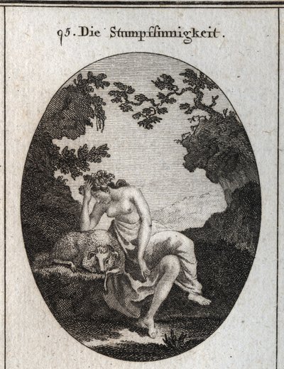 愚かさのアレゴリー愚鈍な動物である羊に寄りかかっている。Iconologie oder Ideen aus dem Gebiet der Leidenschaften and Allegorien bildich dargestellt for Zeichner, Mahler, Dichter, Gelehrte, Erzieher and freunde Hoherer Gesc」でのエングレーヴィング。 作： Austrian School