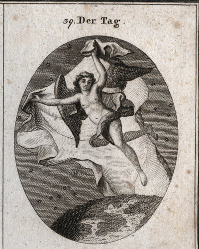 昼は素早く飛び、夜と星は明るい大きなベールで隠すという寓意。Iconologie oder Ideen aus dem Gebiet der Leidenschaften and Allegorien bildich dargestellt for Zeichner, Mahler, Dichter, Gelehrte, Erzieher u "に掲載されているエングレーヴィング。 作： Austrian School