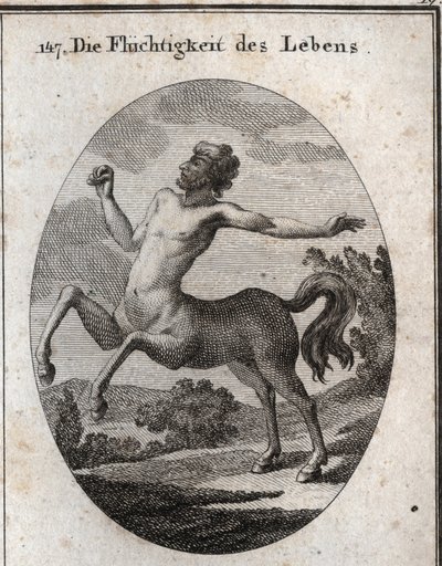 ケンタウロスで表現された人間の生命の速度の寓意。Iconologie oder Ideen aus dem Gebiet der Leidenschaften und Allegorien bildich dargestellt for Zeichner, Mahler, Dichter, Gelehrte, Erzieher und freunde Hoherer Geschmacksbilden "に掲載されたエングレーヴィング。 作： Austrian School
