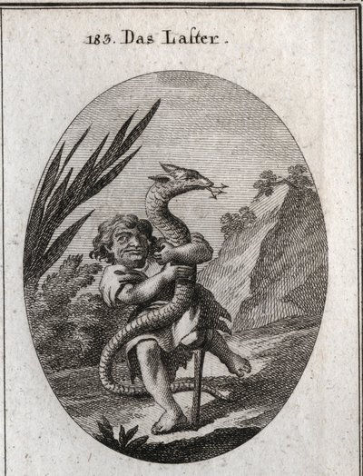 小人がヒドラを絞ることで表現される悪徳の寓意。Iconologie oder Ideen aus dem Gebiet der Leidenschaften und Allegorien bildich dargestellt for Zeichner, Mahler, Dichter, Gelehrte, Erzieher und freunde Hoherer Geschmacksbildung "に掲載されたエングレーヴィング。 作： Austrian School